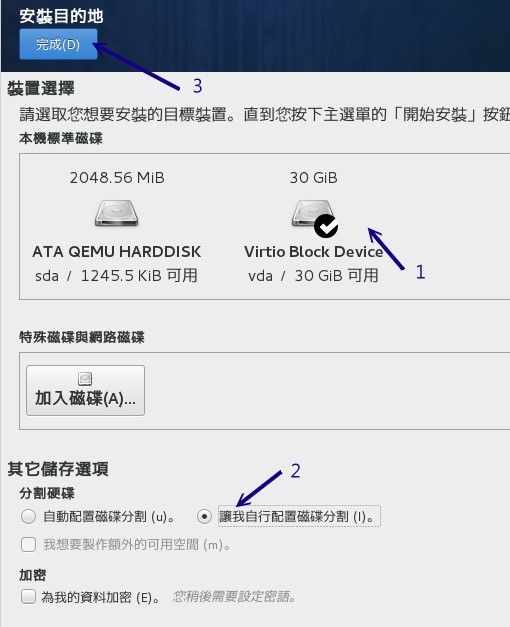 圖15.2.4、進入使用者自行配置磁碟分割的必要動作