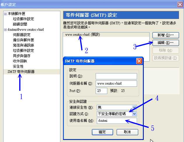 在 Thunderbird 軟體中設定支援 SMTP 驗證的方式