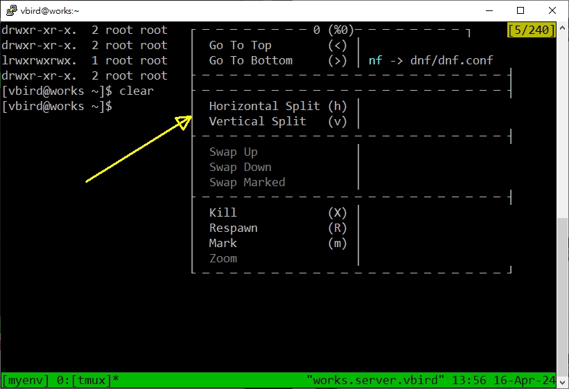 圖 10.3.4-3、tmux 在 session 內使用 mouse 功能