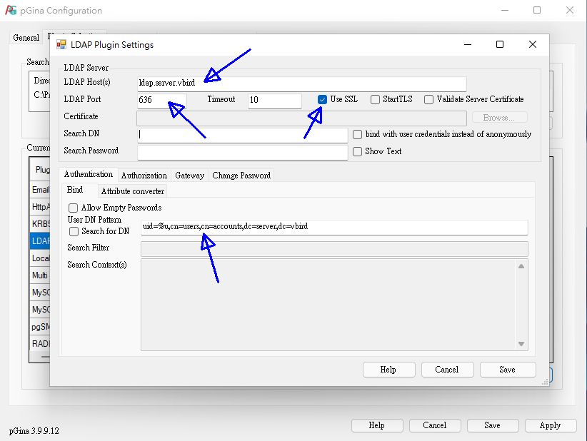 圖 11.2.5-5、pGina 在 LDAP 畫面中設定
