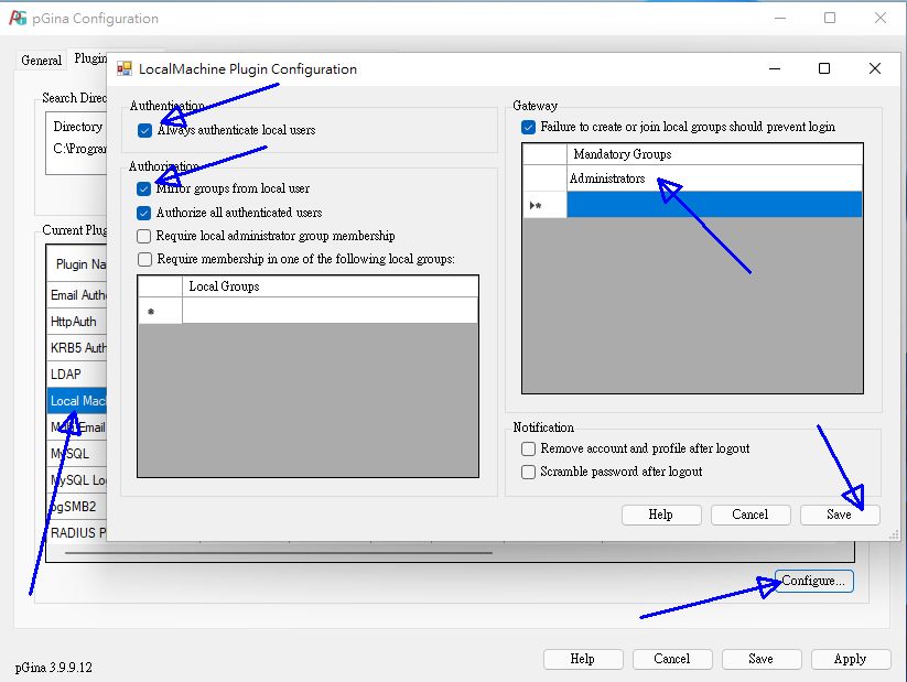 圖 11.2.5-7、pGina 設定本地端驗證的方式